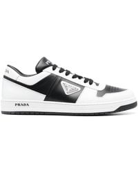 Prada - Triangle Logo Plaque Raffia Sneakers - Lyst
