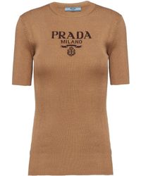Prada - Logo-intarsia Silk Top - Lyst