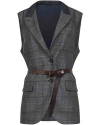 Brunello Cucinelli - Bead-Embellished Leather-Trimmed Belted Prince Of Wales Checked Wool Vest - Lyst