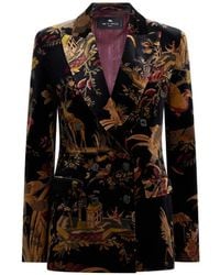 Etro - Double-Breasted Cotton Velvet Jacket With Flower And Animal Overprint - Lyst