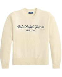 Polo Ralph Lauren - Cream-Colored Wool And Cotton Knit Crew-Neck Sweater With Logo Embroidery On The Chest - Lyst