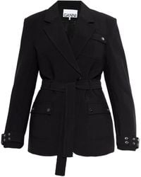 Ganni - Notched-Lapel Belted Jacket - Lyst