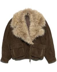 Bimba Y Lola - Chocolate Leather Double-Breasted Jacket With Fur Collar - Lyst