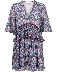 Ganni - Geplooide Mini-Jurk Met Bloemenprint - Lyst