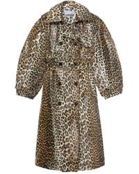 Ganni - Gelamineerde Katoenen Trenchcoat Met Luipaard-Print - Lyst