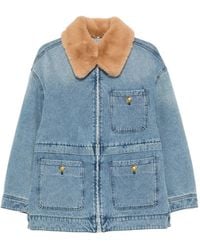 Sandro - Denim Jas Met Kraag Van Imitatiebont - Lyst