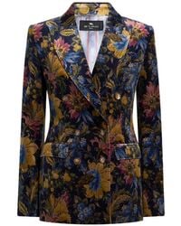Etro - Double-Breasted Cotton Velvet Jacket With Floral Overprint - Lyst