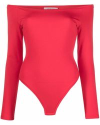 Murmur Off-shoulder Long-sleeve Jersey Bodysuit - Red