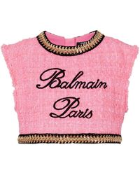 Balmain - Logo-embroidered Tweed Crop Top - Lyst