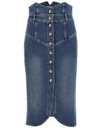 Elisabetta Franchi - Contrast-Stitching High-Waisted Midi Denim Skirt - Lyst