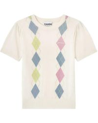 Ganni - Argyle-Pattern Puff-Sleeve T-Shirt - Lyst