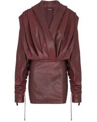Balmain - Gedrapeerde Leren Mini-Jurk Met Capuchon - Lyst