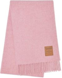 Ganni - Fringed Scarf With Logo Patch - Lyst