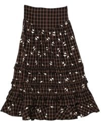Ganni - Checked Midi Skirt With Floral Embroidery - Lyst