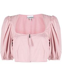 Ganni - Cropped Puff-sleeve Blouse - Lyst