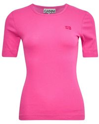 Ganni - Ribbed Logo-Embroidered T-Shirt - Lyst