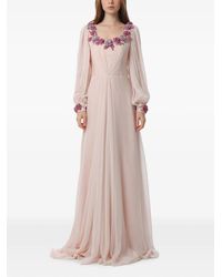 Dina Melwani - Floral-Embellished Silk Maxi Dress - Lyst