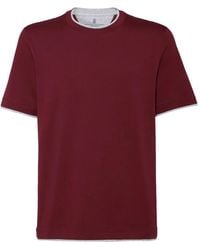 Brunello Cucinelli - Geripptes Baumwoll-Burgundy T-Shirt Herren - Lyst