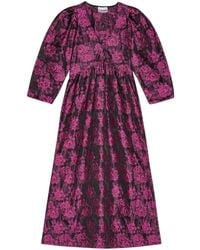 Ganni - Midi-Jurk Met Pofmouwen En Jacquard - Lyst