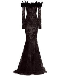 Gemy Maalouf - Floral-Lace Feathered Dress - Lyst
