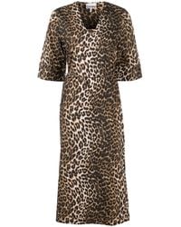 Ganni - Leopard-print Tied-waist Midi Dress - Lyst