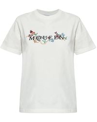 McQueen - T-Shirt Con Logo E Ricamo Floreale - Lyst