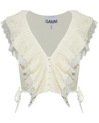 Ganni - Ruffled Lace-Trim Top - Lyst