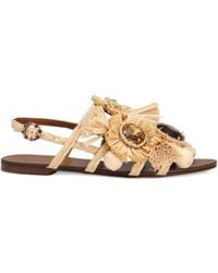 Dolce & Gabbana - Embellished Raffia Flat Sandals - Lyst