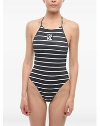 KARL LAGERFELD - Striped Logo-Print Swimsuit - Lyst