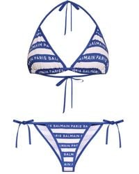 Balmain - Gestreifter Bikini mit Logo-Print - Lyst