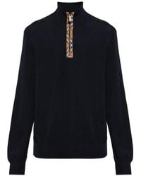 Burberry - Check Trim Wool Half-Zip Sweater - Lyst