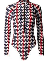 Perfect Moment - Houndstooth Long-Sleeve Half-Zip Swimsuit - Lyst
