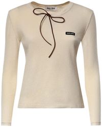 Miu Miu - Bow-Detail Waffle-Knit Long-Sleeve T-Shirt - Lyst