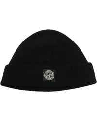 Stone Island - Logo-Patch Ribbed-Trim Beanie Hat - Lyst