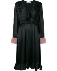 Blumarine Wikkeljurk Met Ruches En Manchetten Van Bont - Zwart