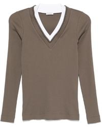 Brunello Cucinelli - Geribbeld T-Shirt Verfraaid Met V-Hals - Lyst