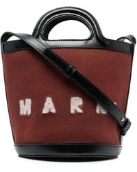 Marni - Brown Bucket Shoulder Bag In Calf Leather And Wool And Cotton Blend With Adjustable And Removable Shoulder Strap - Lyst