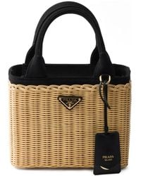 Prada - Small Wicker And Canvas Tote Bag - Lyst