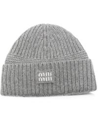Miu Miu - Logo-Patch Ribbed-Knit Wool Beanie - Lyst