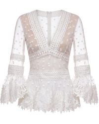 Gemy Maalouf - Floral-Embroidered Tulle Blouse - Lyst