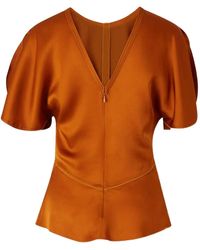 Victoria Beckham - V-Neck Short-Sleeve Blouse - Lyst