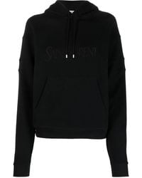 Saint Laurent - Embroidered Logo Cotton Drawstring Hoodie - Lyst