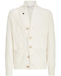 Brunello Cucinelli - Cashmere Feather Yarn Cable-Knit Cardigan With Metal Buttons - Lyst