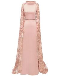 Gemy Maalouf - Floral-Embroidered Cape-Overlay Maxi Dress - Lyst