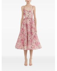 Nissa - Floral-Print Silk Linen Midi Dress - Lyst