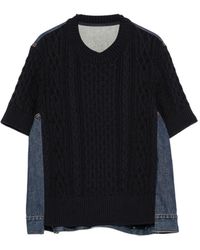 Sacai - Cable-Knit Denim-Panel Sweater - Lyst