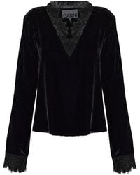 Ganni - Lace-Trimmed Velvet Top - Lyst