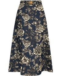 Oscar de la Renta - Rose-Print Denim Skirt - Lyst