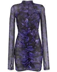 Philipp Plein - Floral-Print Long-Sleeve Ruched Minidress - Lyst