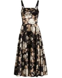 Dolce & Gabbana - Rose-Print Satin Midi Dress - Lyst